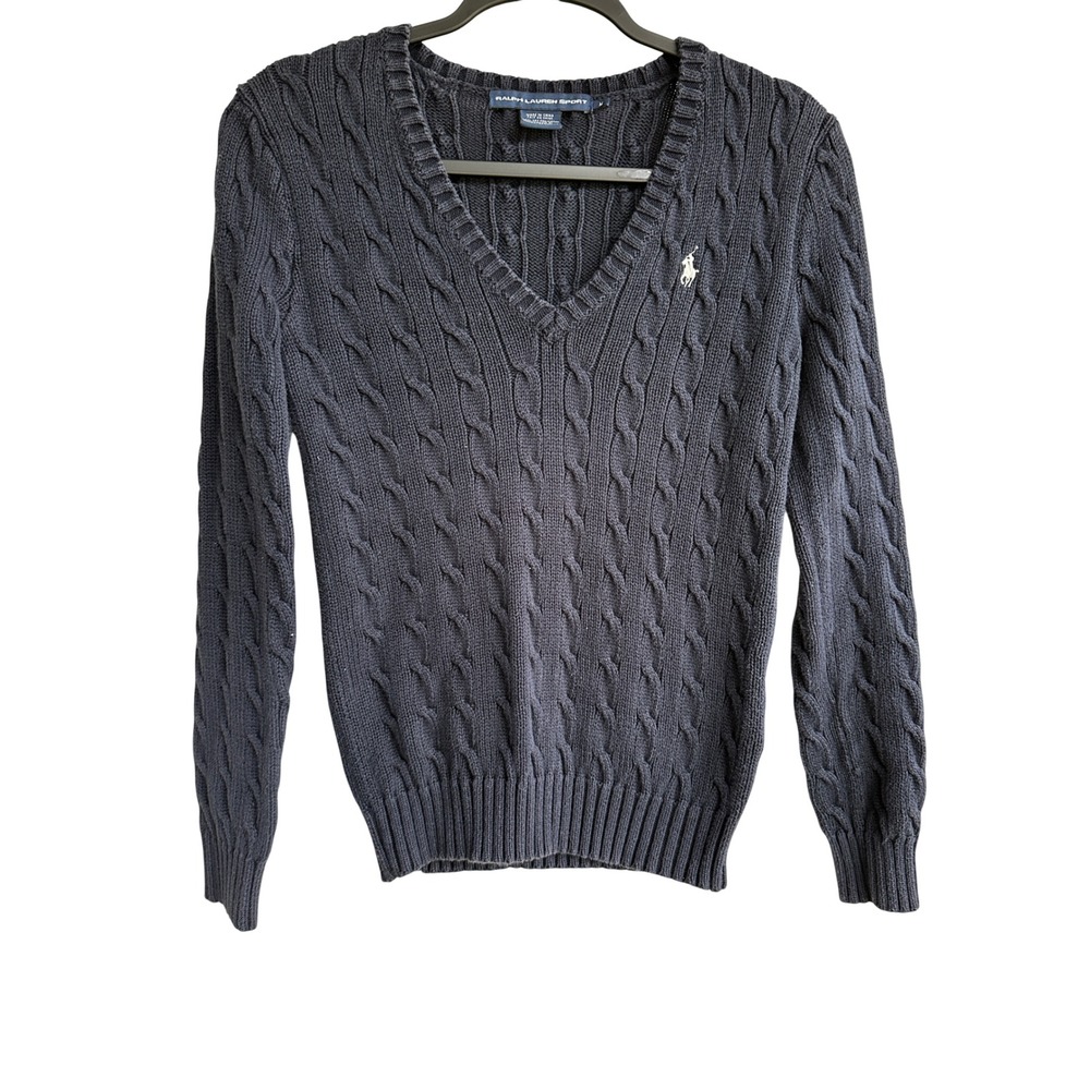 Ralph Lauren Vtg Y2K Navy Blue Cable Knit V-Neck Cotton Sweater Women XS Preppy